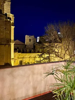 a view of a castle from behind a wall at Trésors de la Cathédrale, Maison de Ville sur 4 niveaux in Narbonne