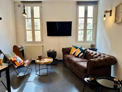 a living room with a brown couch and a tv at Trésors de la Cathédrale, Maison de Ville sur 4 niveaux in Narbonne