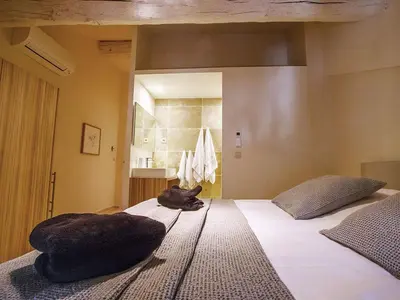 a cat laying on a bed in a bedroom at Blissful Stay in Mandourelle in Villesèque-des-Corbières