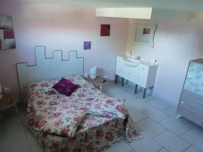 a bedroom with a bed and a sink in it at Gîte le pastel in Puéchoursi