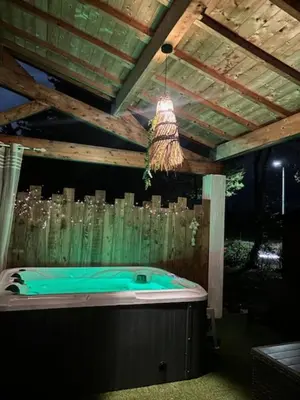a bathroom with a tub with a chandelier at La Villa Claudia Jardin et Spa in Pennautier
