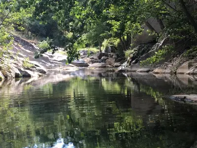 a stream of water with trees and rocks at Moulin de la Buade in Termes