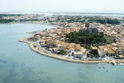an aerial view of a small island in the water at Appartement avec terrasse au centre de GRUISSAN in Gruissan