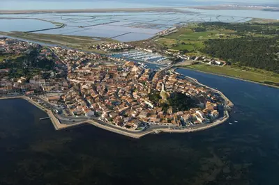 an aerial view of a small city on the water at Appartement avec terrasse au centre de GRUISSAN in Gruissan