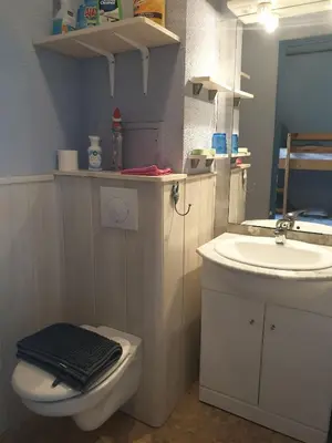 a small bathroom with a sink and a toilet at Studio plage du Grazel in Gruissan