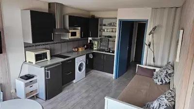 a small kitchen and living room in a apartment at Studio plage du Grazel in Gruissan