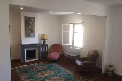 a living room with a chair and a fireplace at Appartement Narada à Limoux in Limoux