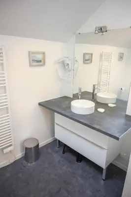 a bathroom with two sinks and a large mirror at Le Gite des Jardins de Mazamet in Mazamet