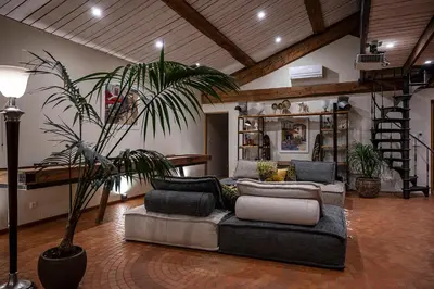 a living room with a couch and a palm tree at La Remise Penthouse in Le Somail