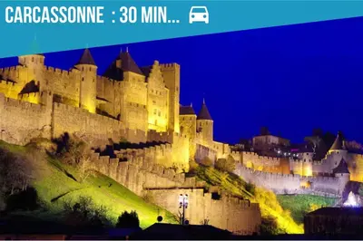 a large castle sitting on top of a hill at night at L'Exotique Narbonnais in Narbonne