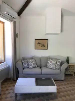 a living room with a couch and a coffee table at Residence Le petit paradis - La petite maison in Labastide-Rouairoux