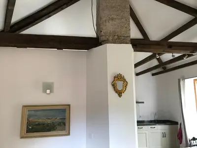 a room with white walls and a mirror on the wall at Residence Le petit paradis - La petite maison in Labastide-Rouairoux