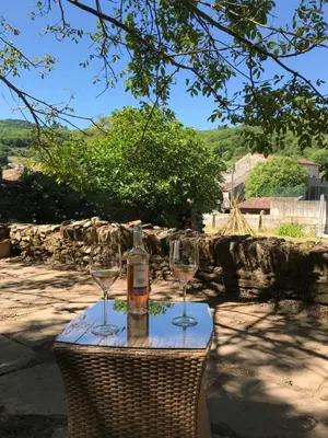 a table with two wine glasses and a bottle on it at Residence Le petit paradis - La petite maison in Labastide-Rouairoux