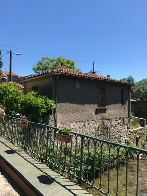 a house with potted plants in front of a fence at Residence Le petit paradis - La petite maison in Labastide-Rouairoux