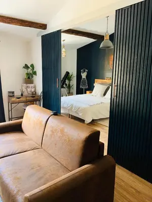 a living room with a couch and a bed at L'atypique, La Vue et le Standing du 36 ! Emplacement, clim et extérieur ! in Carcassonne