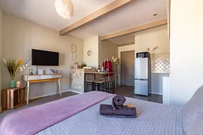 a room with a kitchen and a living room at AU PIED Du Grand Bassin in Castelnaudary