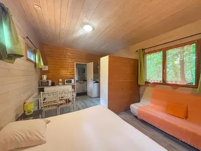 a small room with a bed and a kitchen at Écolodge Les Sentiers du Lac - Domaine de la Gaïa in Sorèze