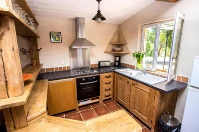 a kitchen with wooden cabinets and a sink and a stove at L'Arbre à soleil in Aigues-Vives