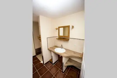a bathroom with a sink and a mirror at L'Arbre à soleil in Aigues-Vives