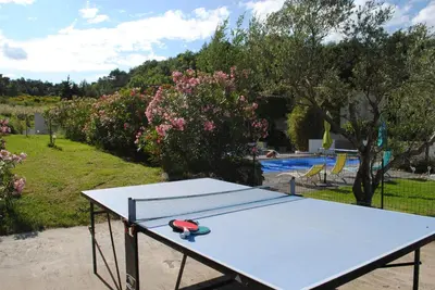 a ping pong table with a ping paddle on it at Gîte le Relais de la Cavayere in Carcassonne