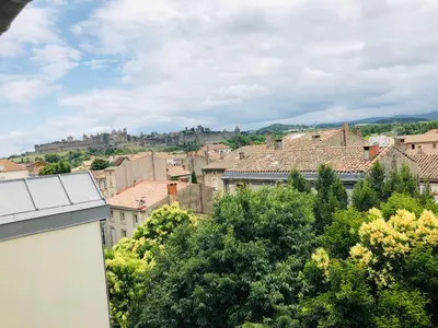 a view of a city with buildings and trees at DOLCE VITA in Carcassonne