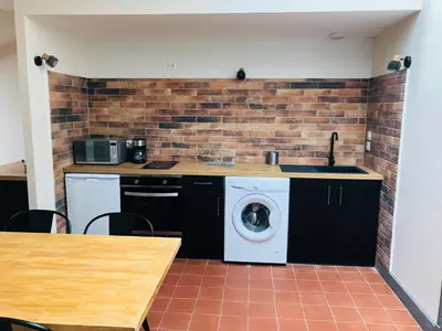 a kitchen with a washer and a brick wall at DOLCE VITA in Carcassonne