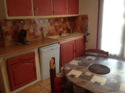 a small kitchen with a table and a sink at Los olivos in Bize-Minervois