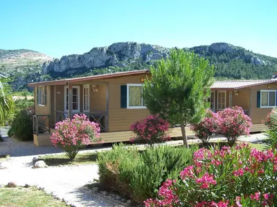 a small house with pink flowers in a yard at RESIDENCE TORRE DEL FAR in Tautavel