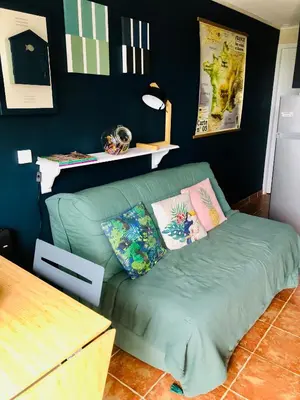 a green couch with pillows in a living room at Studio cabine GRUISSAN PLAGE DU GRAZEL in Gruissan