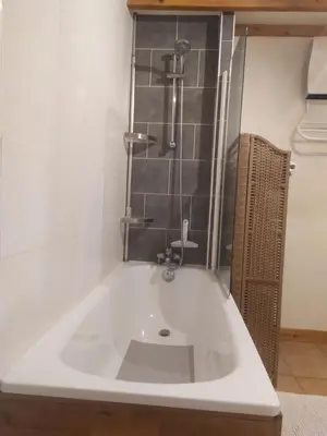 a bath tub with a shower and a sink at Loft au bord du Canal du Midi in Roubia