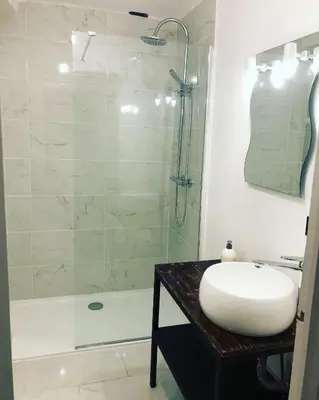 a white bathroom with a sink and a shower at La casa Trivala in Carcassonne