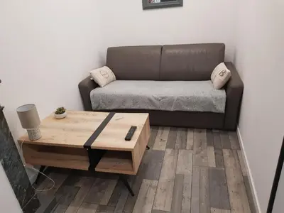 a living room with a couch and a coffee table at restez zen in Carcassonne