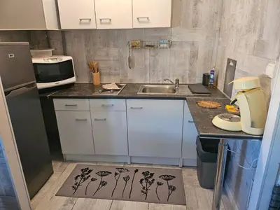 a small kitchen with a sink and a counter top at PALMA II in Port-la-Nouvelle