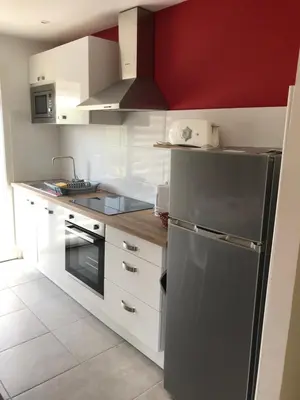 a kitchen with white cabinets and a stainless steel refrigerator at Els Pirineus in Molitg les Bains