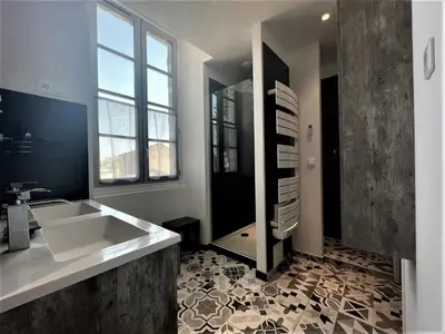 a bathroom with a sink and a large mirror at Gites de l'écluse 