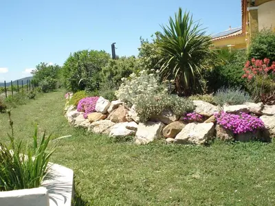 a garden with rocks and flowers in a yard at Cher Micheée et Bernard in Camplong-dʼAude