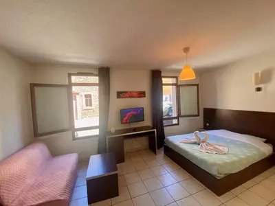a bedroom with a bed and a chair and a tv at Studio Cité médiévale 250 m in Carcassonne