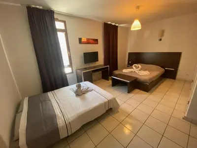 a hotel room with two beds and a television at Studio Cité médiévale 250 m in Carcassonne