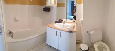 a bathroom with a sink and a toilet and a bath tub at Studio Cité médiévale 250 m in Carcassonne