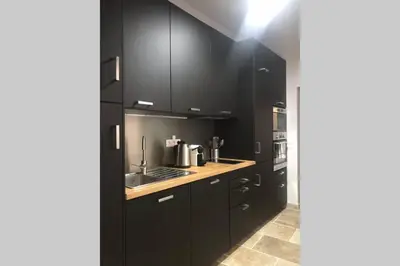 a kitchen with black cabinets and a sink at Maison rue Trivalle in Carcassonne