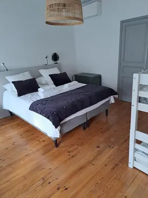 a bedroom with a large bed with a wooden floor at Maison rue Trivalle in Carcassonne