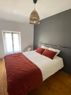 a bedroom with a large bed with red pillows at Maison rue Trivalle in Carcassonne