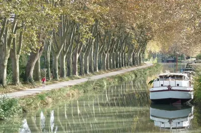 a boat in the water next to a canal with trees at Diamond - Gîte dans vieux prieuré près de Carcassonne in Sainte-Eulalie