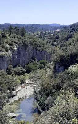 a view of a canyon with a river and trees at Tiny House Belleraze in Saint-Jean-de-Minervois