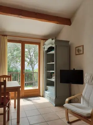 a living room with a tv and a sliding glass door at Tiny House Belleraze in Saint-Jean-de-Minervois