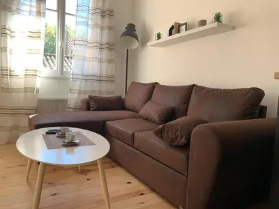 a living room with a brown couch and a table at Appartements Voltaire - Carcassonne Centre in Carcassonne