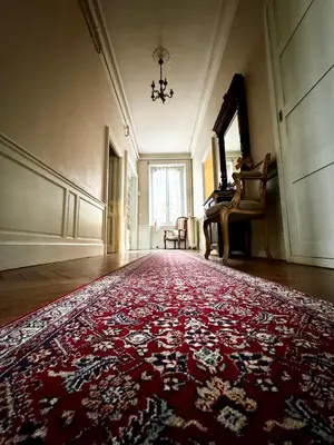 a living room with a red rug and a grand piano at La Maison d'hôtes du Chapelier in Espéraza