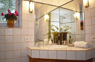 a bathroom with a sink and a mirror at Les Oliviers in Cesseras