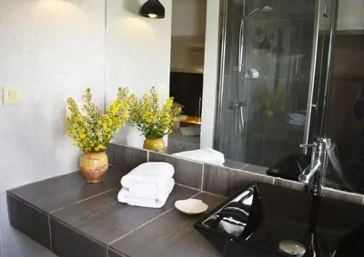 a bathroom with a black sink and a mirror at Les Oliviers in Cesseras