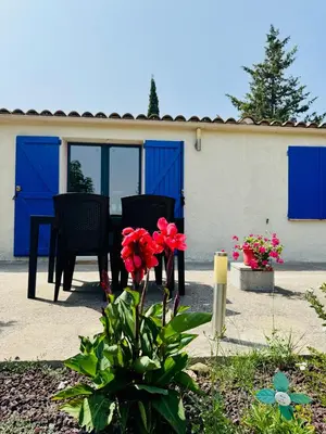a patio with a table and chairs and red flowers at Mas des Tournevents in Lézignan-Corbières